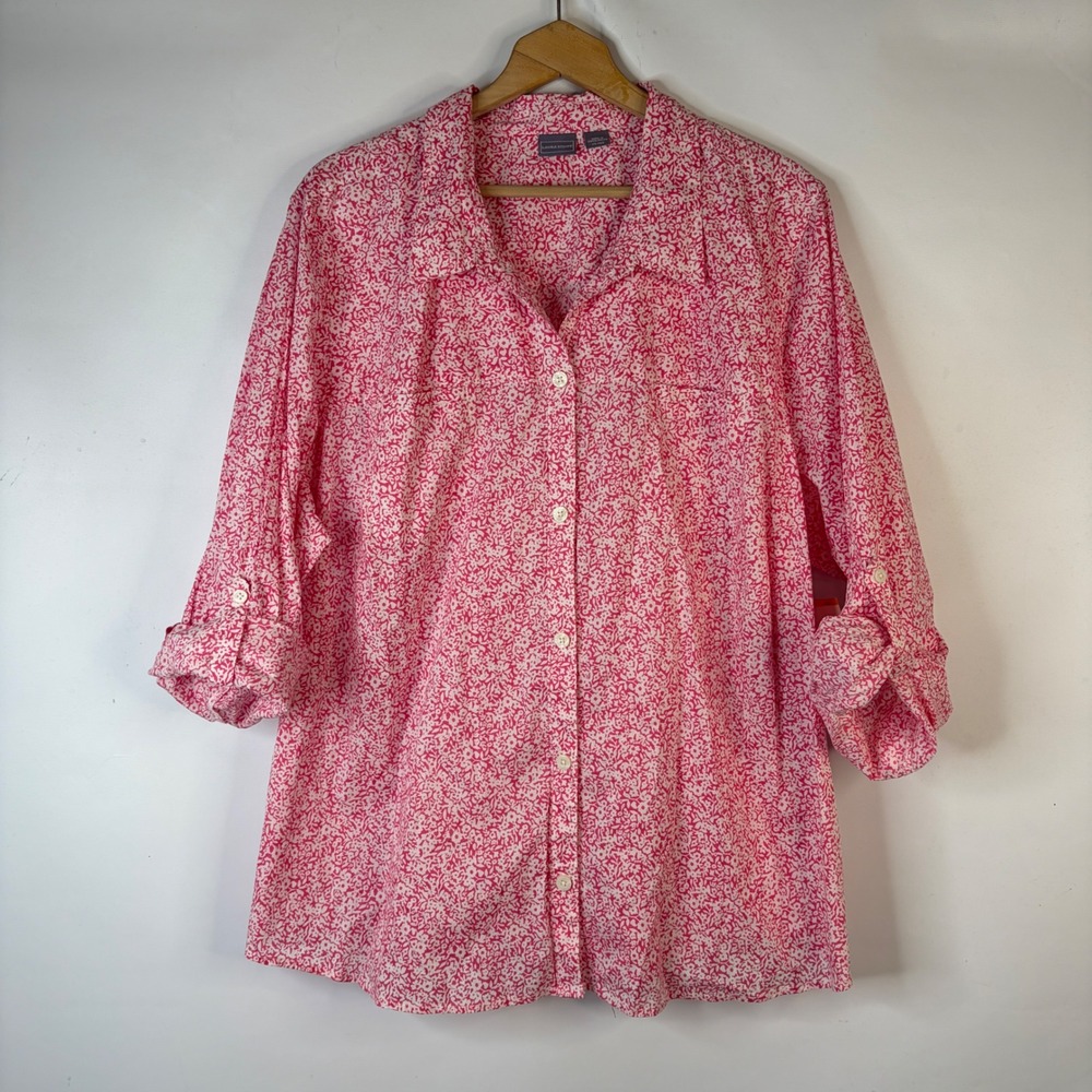 Laura Scott Button Down Shirt Women 24/26W Pink Floral Roll Tab Sleeve Cotton